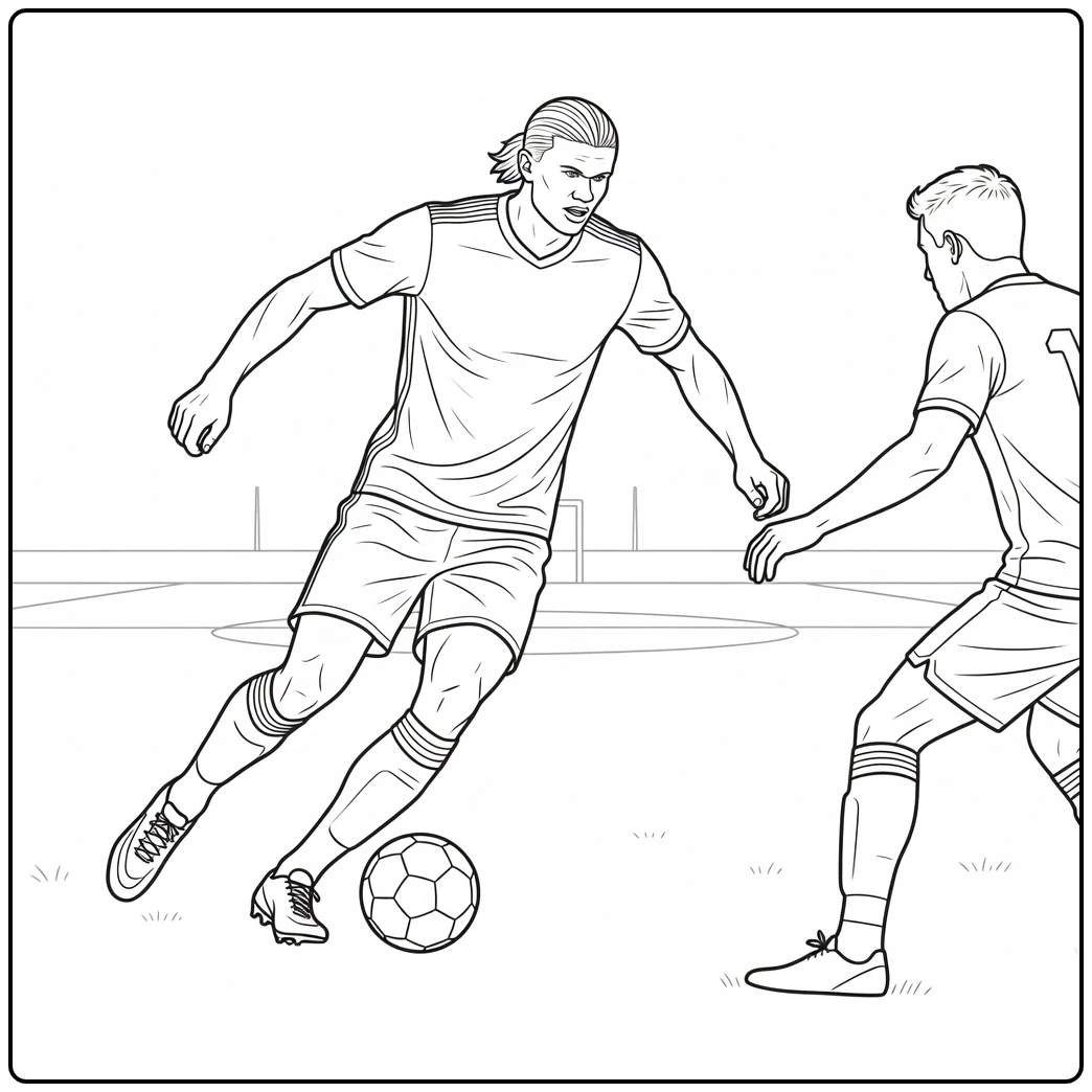 Haaland coloring page showing a fast dribble past a defender