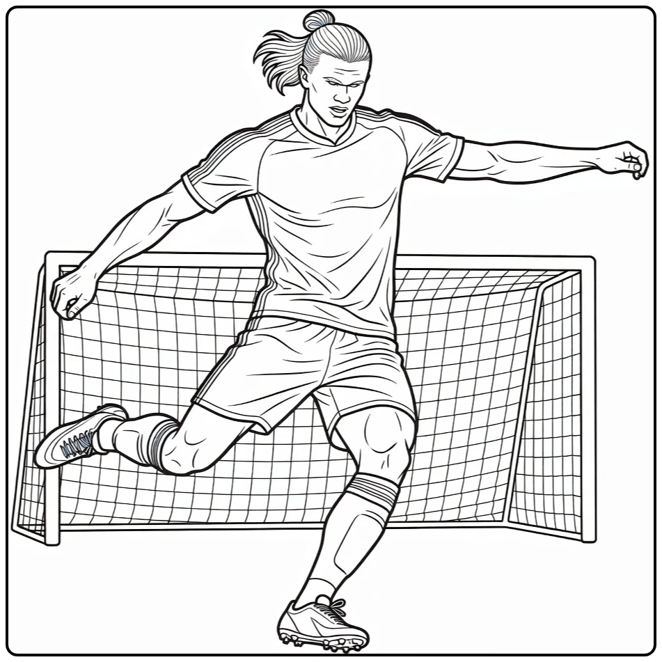 Action coloring page of Haaland striking the soccer ball toward goal