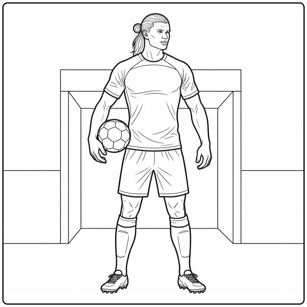 Haaland coloring page with the striker holding a ball at the tunnel