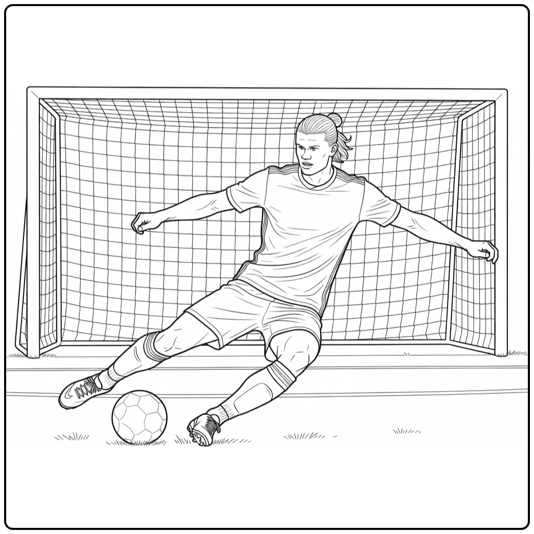 Haaland coloring page capturing a sliding finish near the net