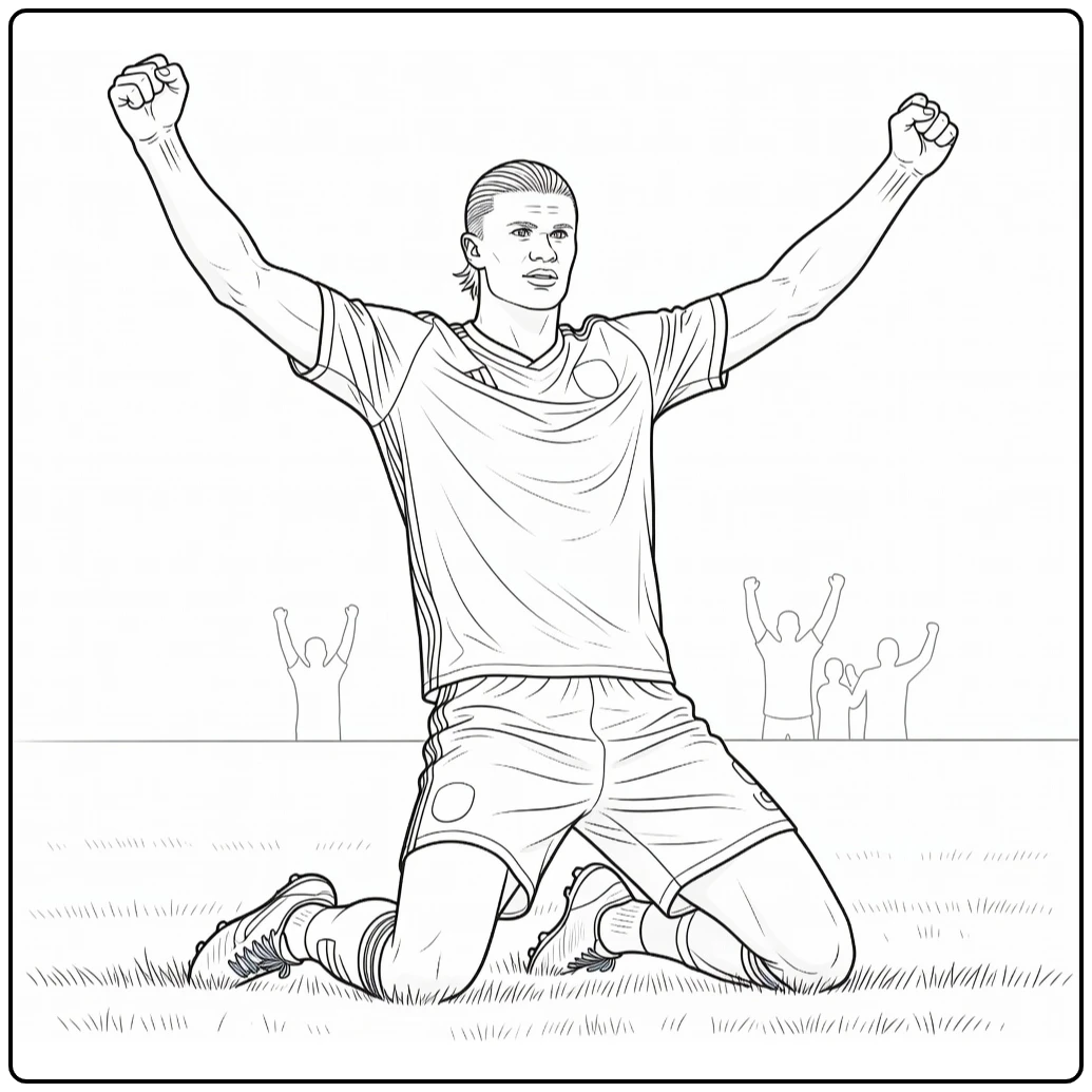 Goal celebration coloring page of Haaland sliding on his knees