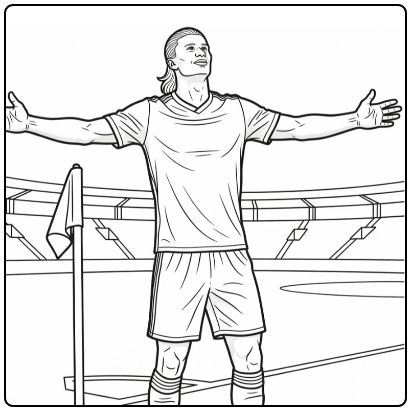 Haaland coloring page featuring an arms-wide goal celebration
