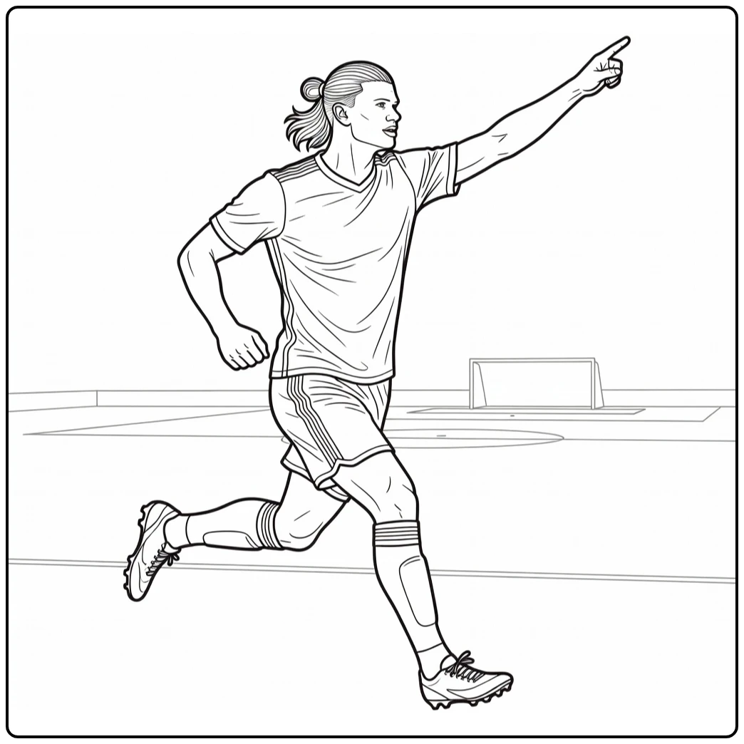 Haaland coloring page showing a running celebration with one arm raised