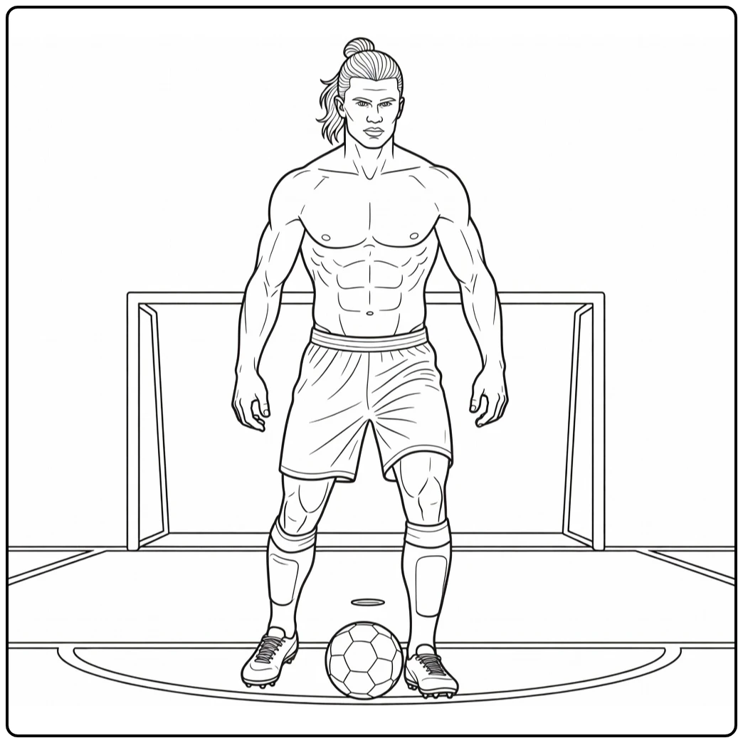 Penalty coloring page of Haaland preparing to take a kick