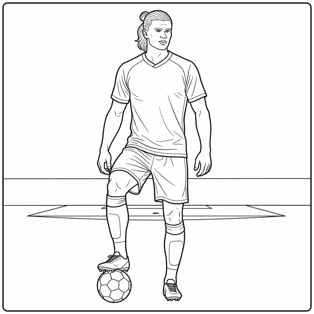 Confident Haaland coloring page with one foot on a soccer ball