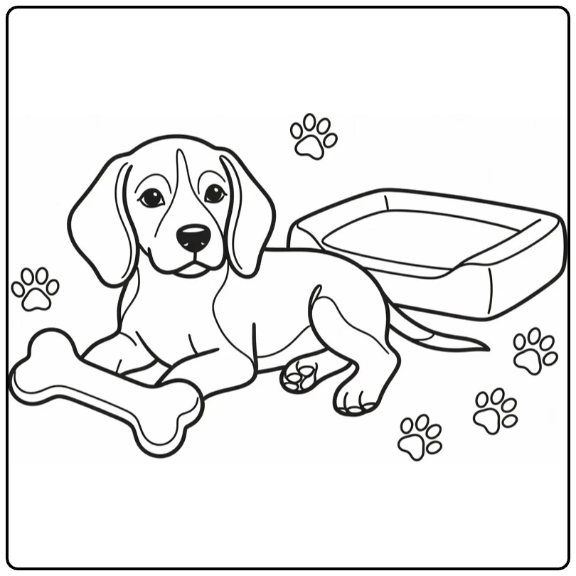 Pet coloring page showing a beagle puppy with a chew toy