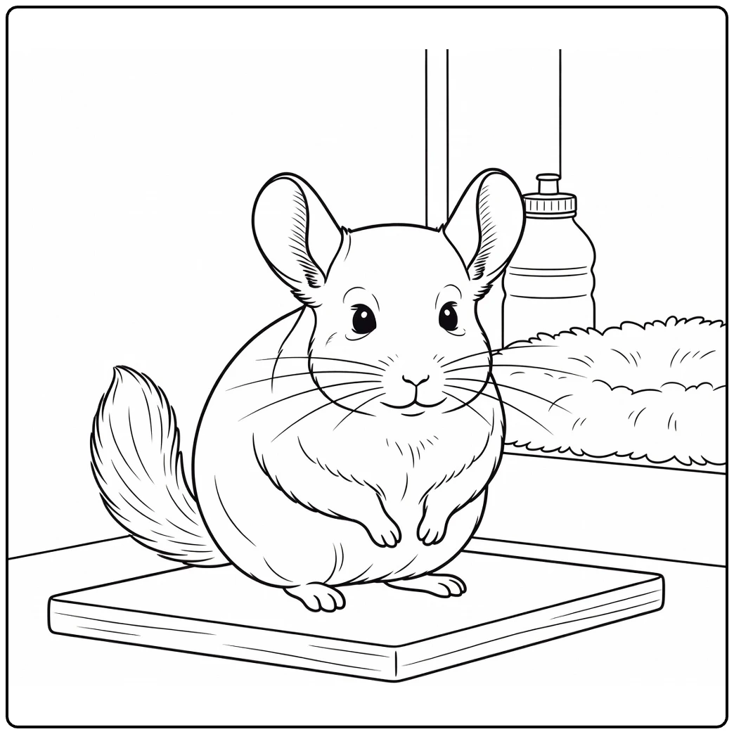Pet coloring page featuring a chinchilla in its enclosure