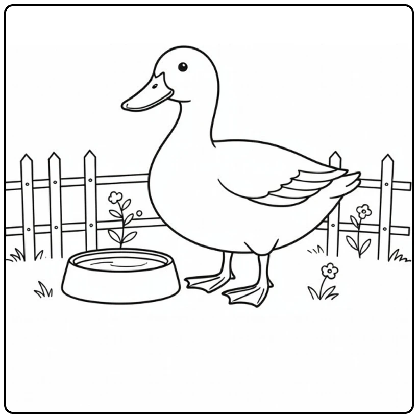 Pet coloring page featuring a duck by a water bowl
