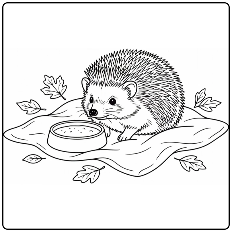 Pet coloring page showing a hedgehog curled beside a blanket