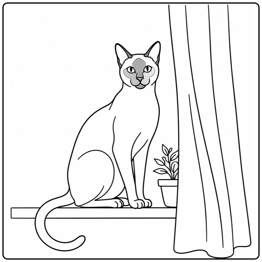 Pet coloring page showing a Siamese cat by the window