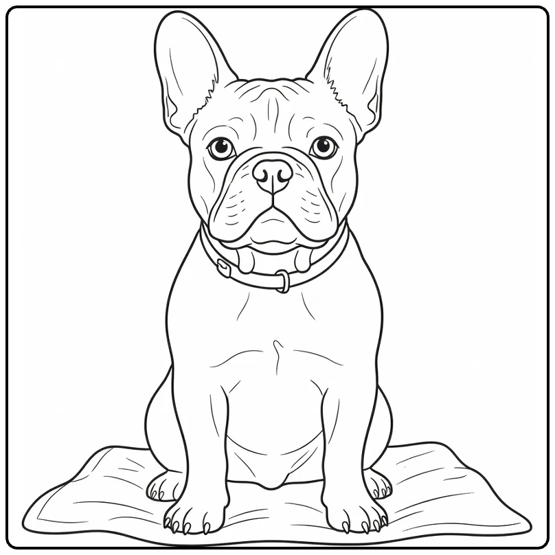 Pet coloring page featuring a French bulldog sitting indoors
