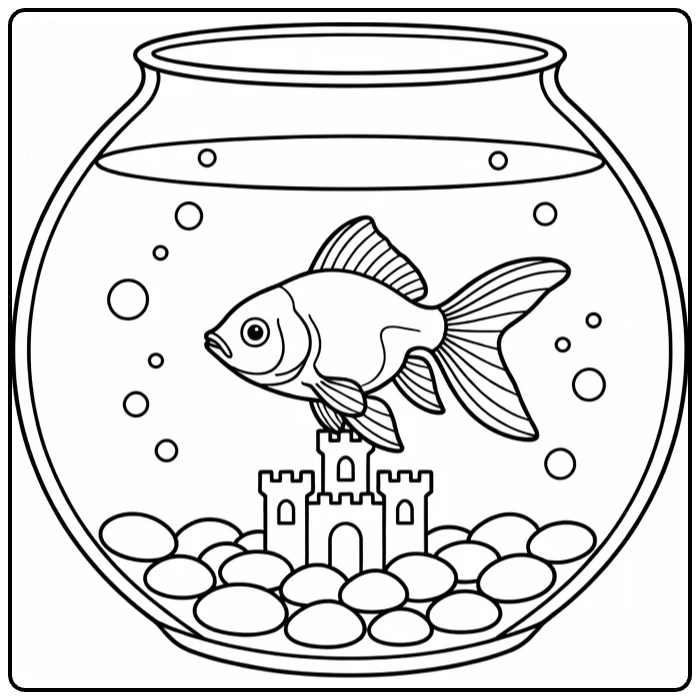 Pet coloring page featuring a goldfish in a decorated fishbowl