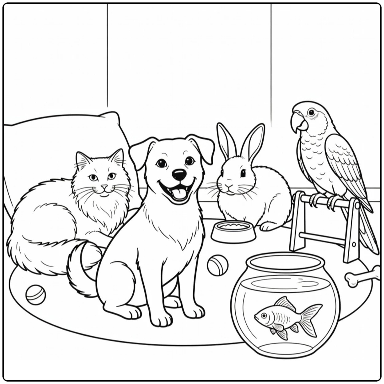 Pet coloring page featuring a cozy indoor pet scene