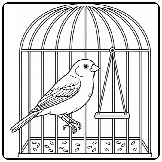 Pet coloring page featuring a canary in a cage