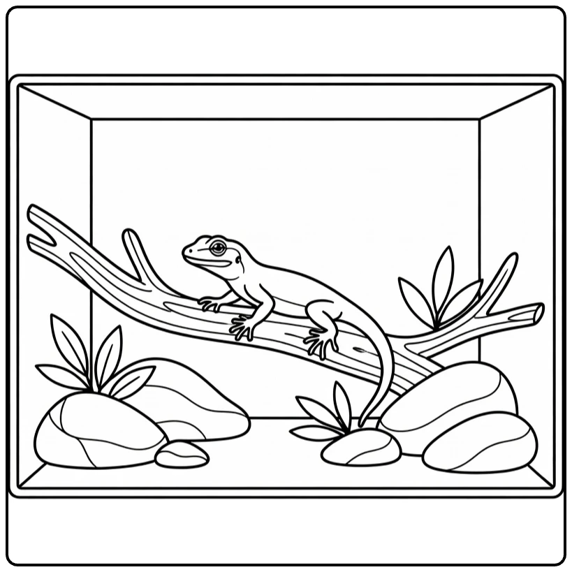 Pet coloring page showing a small lizard on a branch