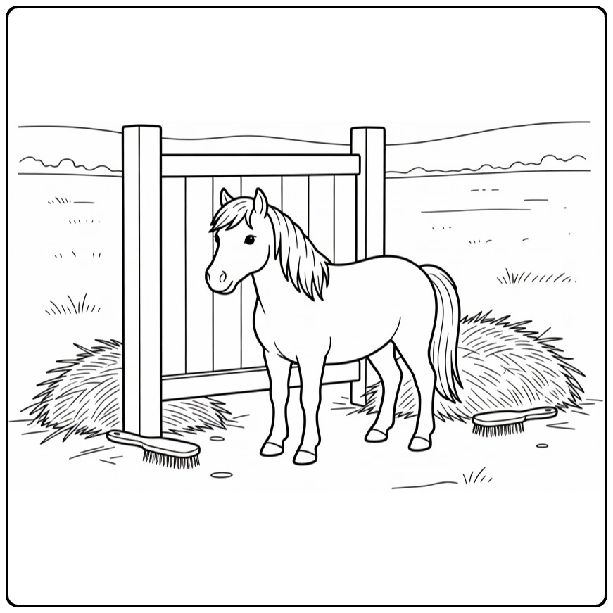 Pet coloring page featuring a little pony by a stable gate