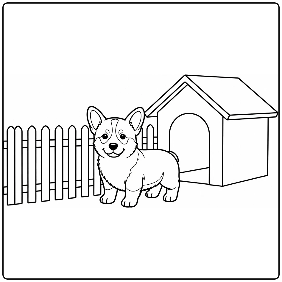 Pet coloring page featuring a corgi puppy by a doghouse