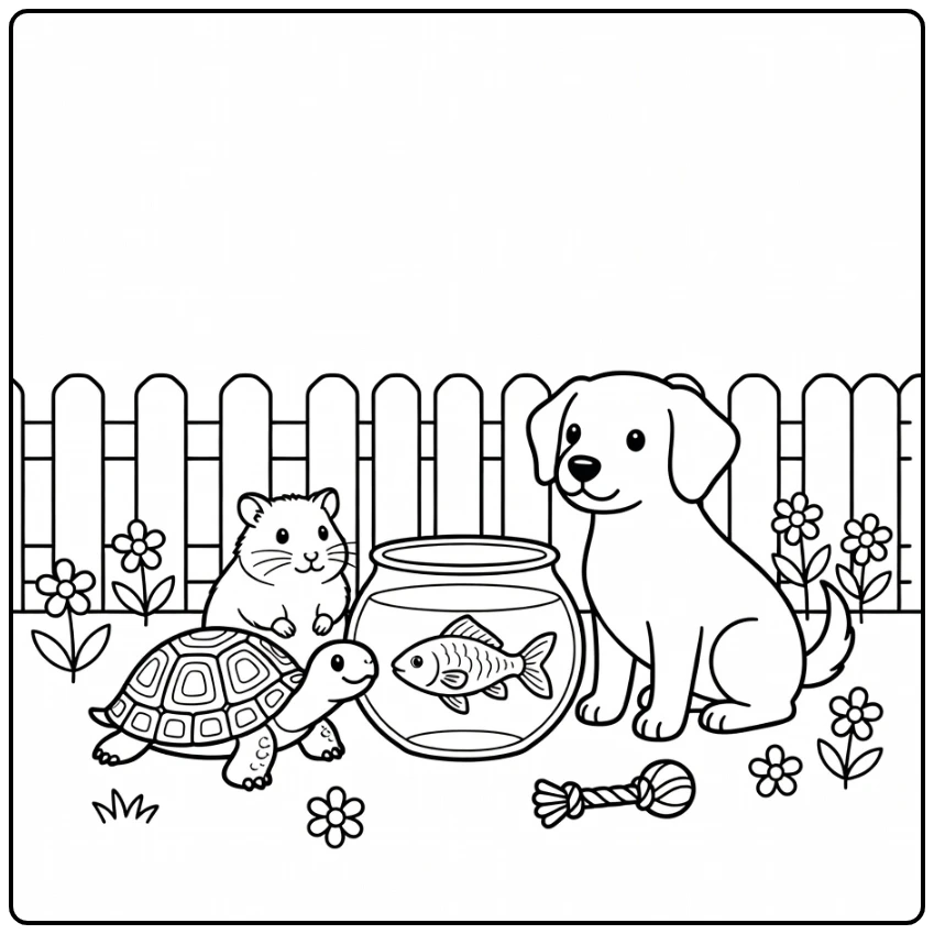 Pet coloring page with a hamster, turtle, fish, and dog in a yard