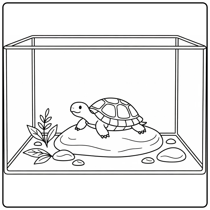 Pet coloring page showing a turtle on a rock in a terrarium
