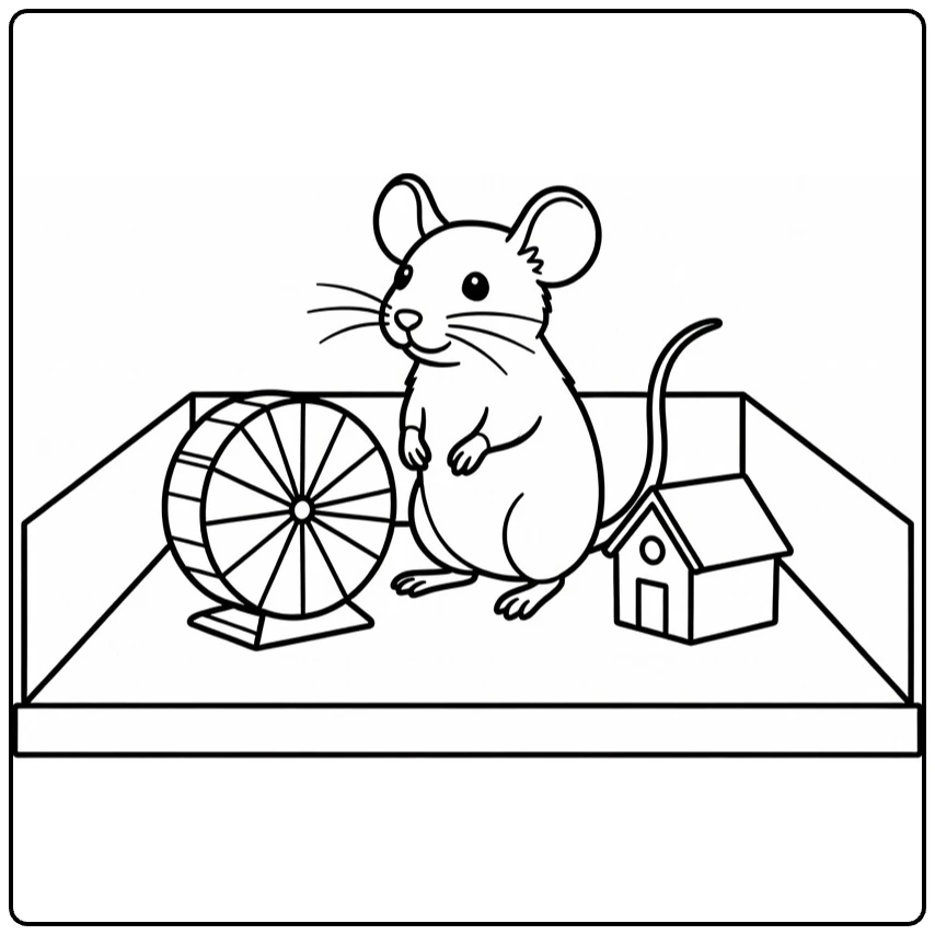 Pet coloring page showing a mouse with a wheel and tiny house