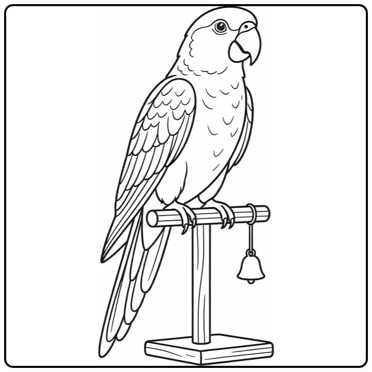 Pet coloring page showing a parrot on a wooden stand