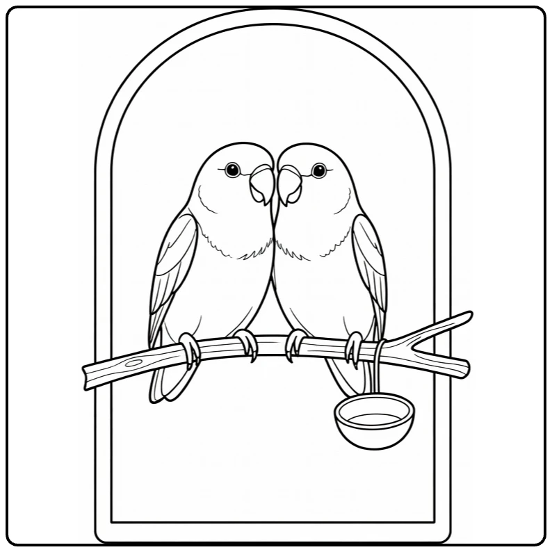 Pet coloring page showing two parakeets in a cage