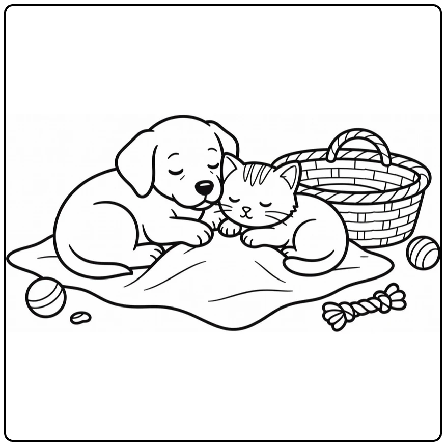 Pet coloring page showing a sleeping puppy and kitten together
