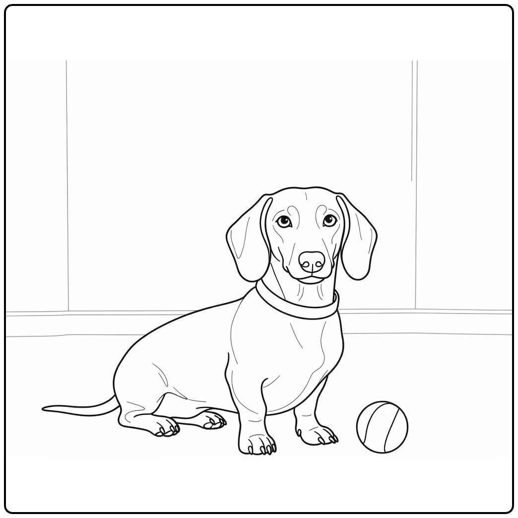 Pet coloring page featuring a dachshund sitting beside a ball