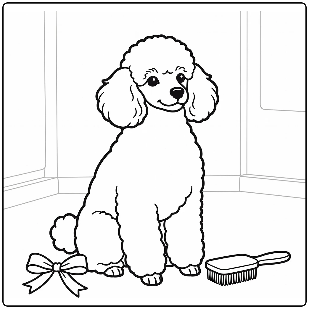 Pet coloring page featuring a proud poodle with grooming tools
