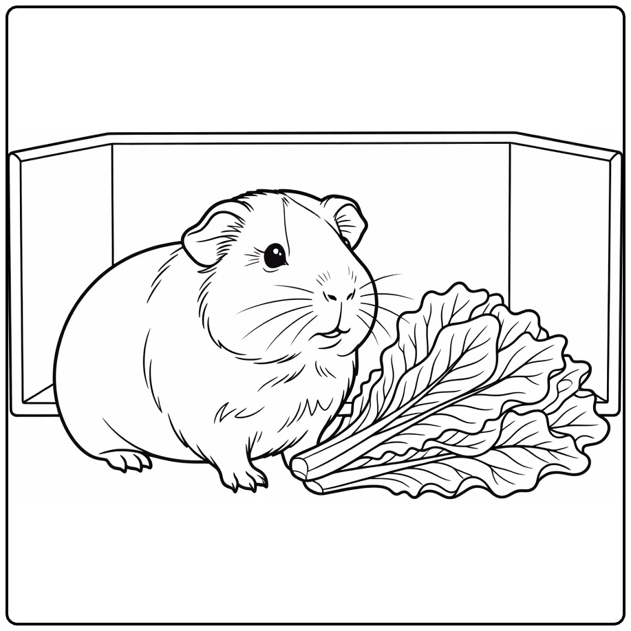 Pet coloring page showing a guinea pig beside lettuce