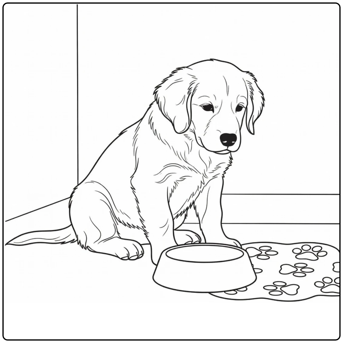 Pet coloring page showing a golden retriever puppy by its food bowl