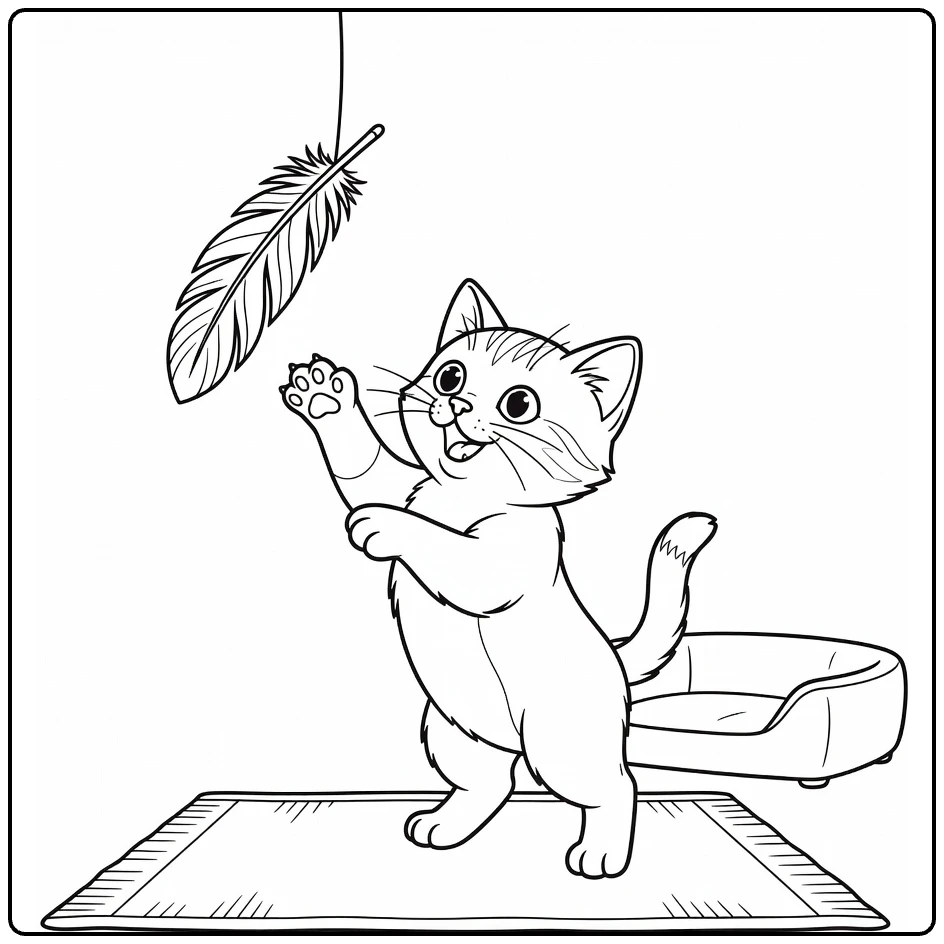 Pet coloring page featuring a playful kitten and a feather toy