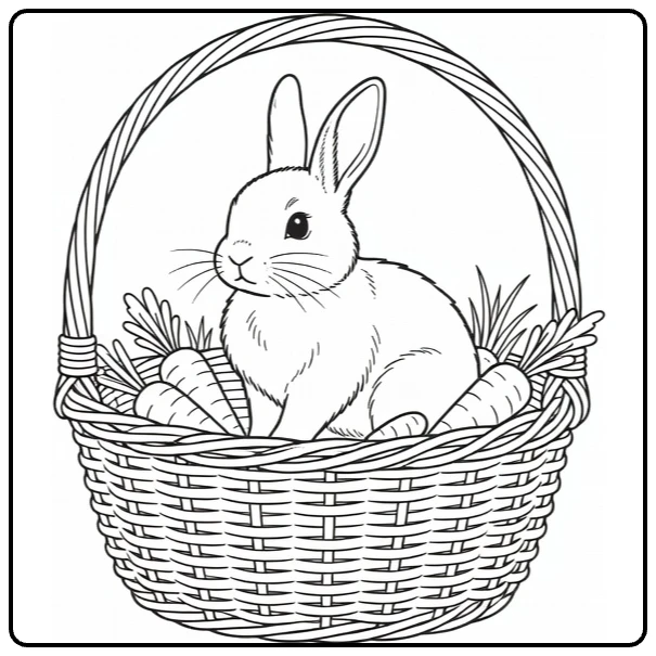 Pet coloring page featuring a rabbit in a basket with carrots