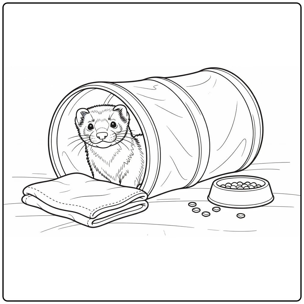 Pet coloring page showing a curious ferret in a tunnel
