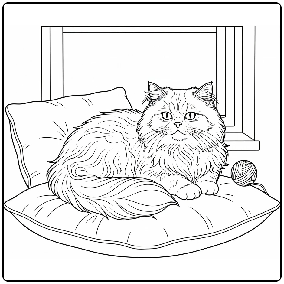 Pet coloring page featuring a fluffy cat on a cushion