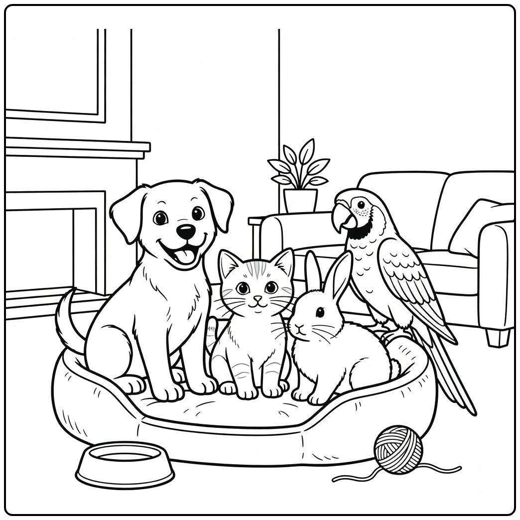 Pet coloring page featuring a puppy, kitten, rabbit, and parrot