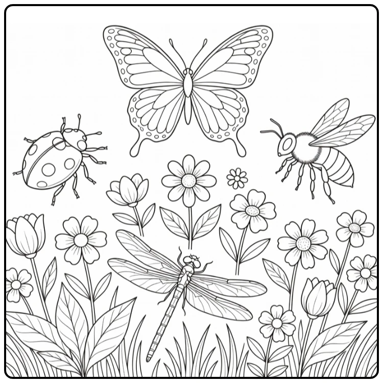 Insect coloring page with a butterfly, ladybug, bee, and dragonfly