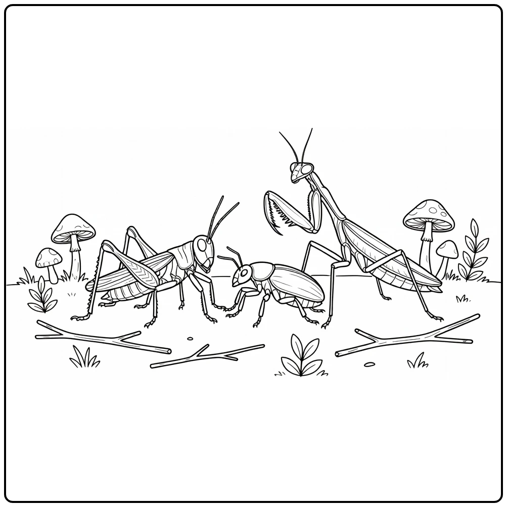Insect coloring page featuring a grasshopper, ant, beetle, and mantis
