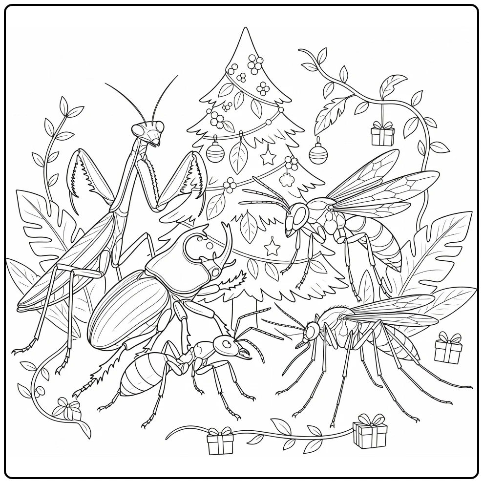 Insect coloring page showing bugs around a Christmas tree