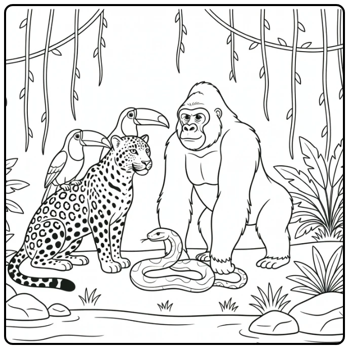 Jungle animal coloring page featuring a leopard, toucan, gorilla, and snake