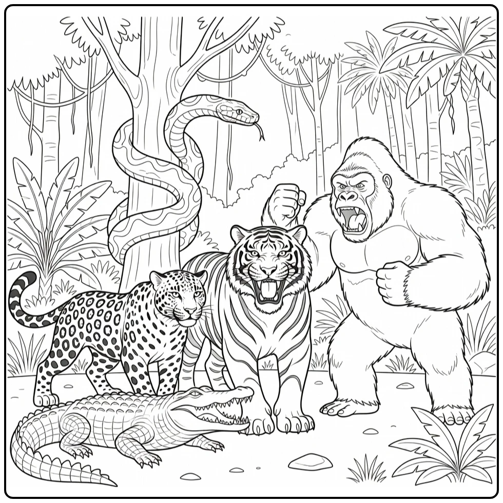 Jungle animal coloring page showing several wild animals together