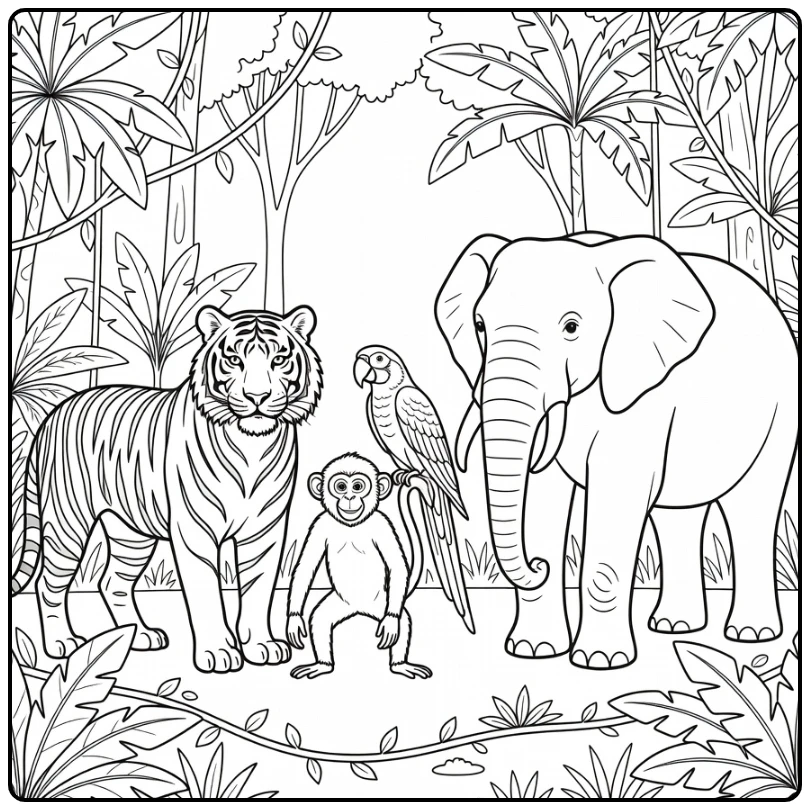 Jungle animal coloring page with a tiger, monkey, parrot, and elephant