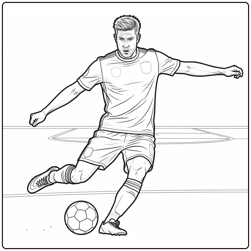 Action coloring page of Kevin De Bruyne shooting from outside the box