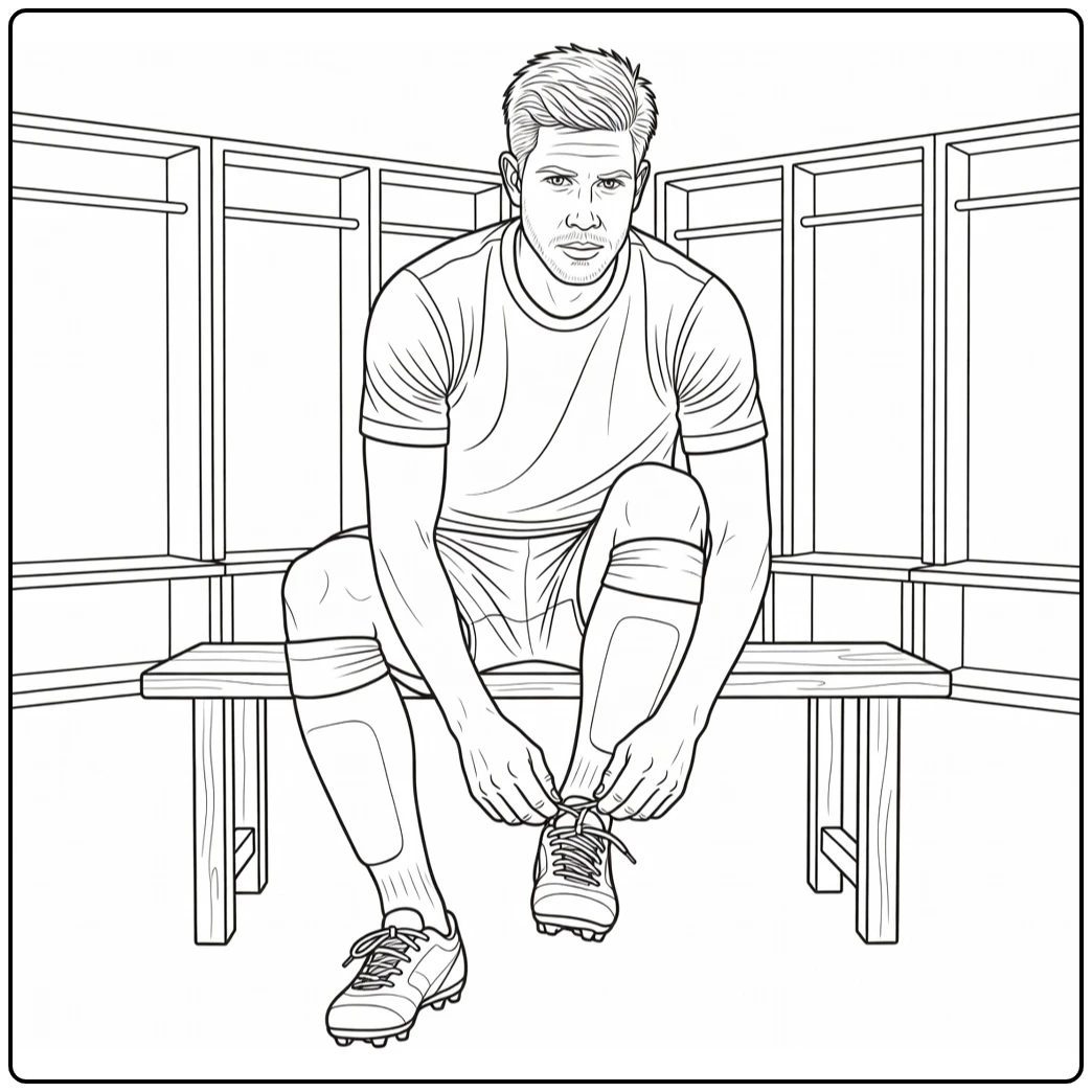 Locker room coloring page of Kevin De Bruyne getting his cleats ready