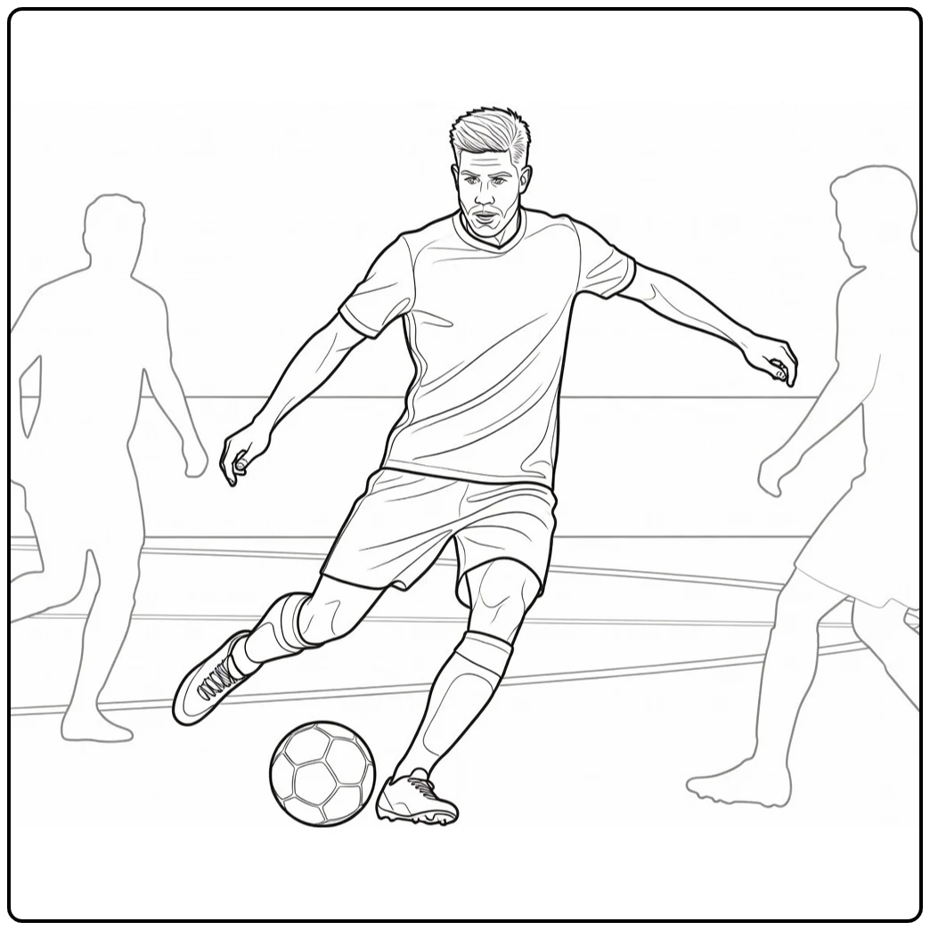 Kevin De Bruyne coloring page showing a smart pass between opponents