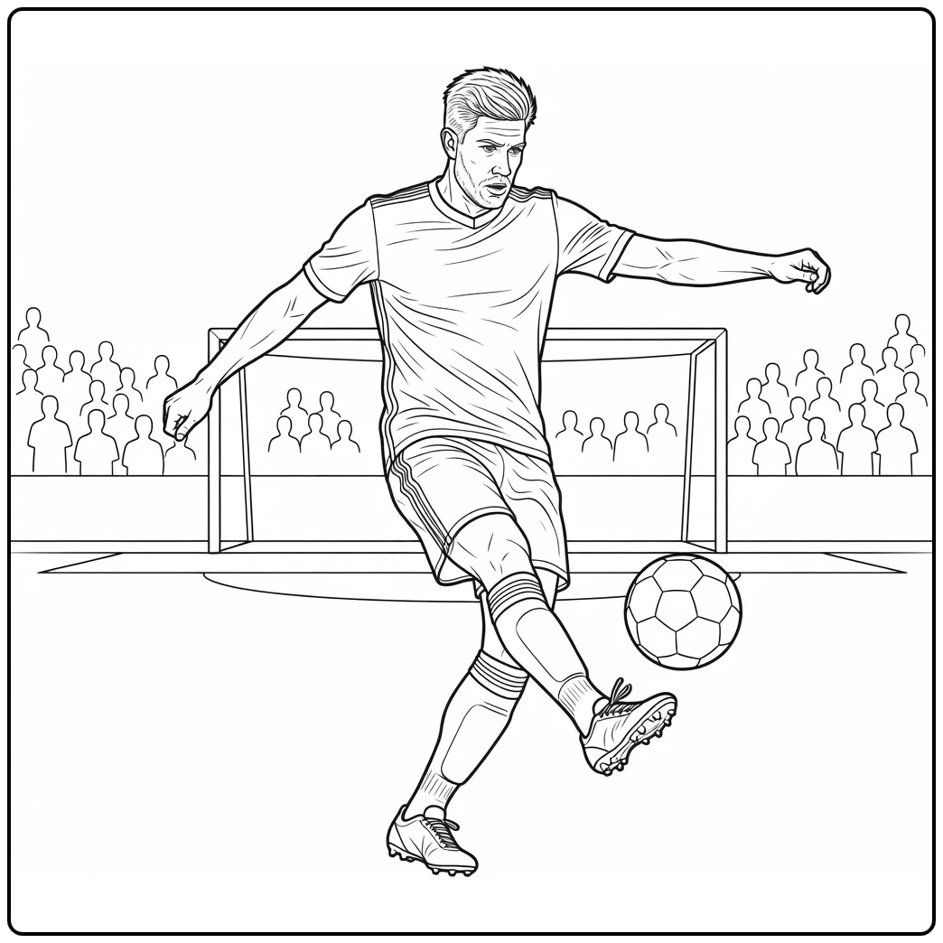 Kevin De Bruyne coloring page featuring a powerful long-range shot