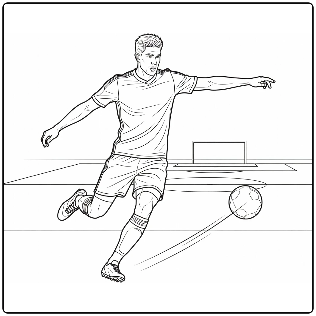 Kevin De Bruyne coloring page showing a precise long pass