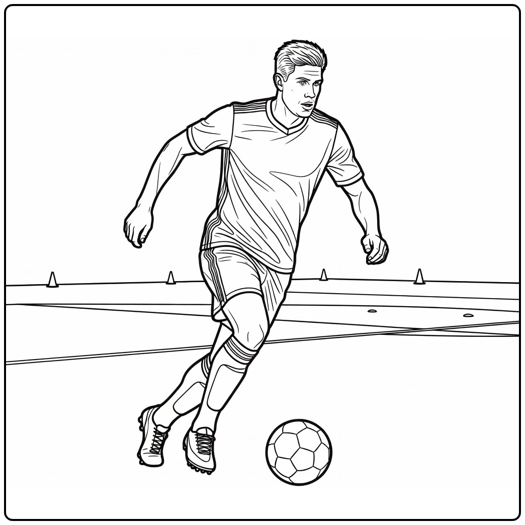 Dynamic coloring page of Kevin De Bruyne dribbling a soccer ball