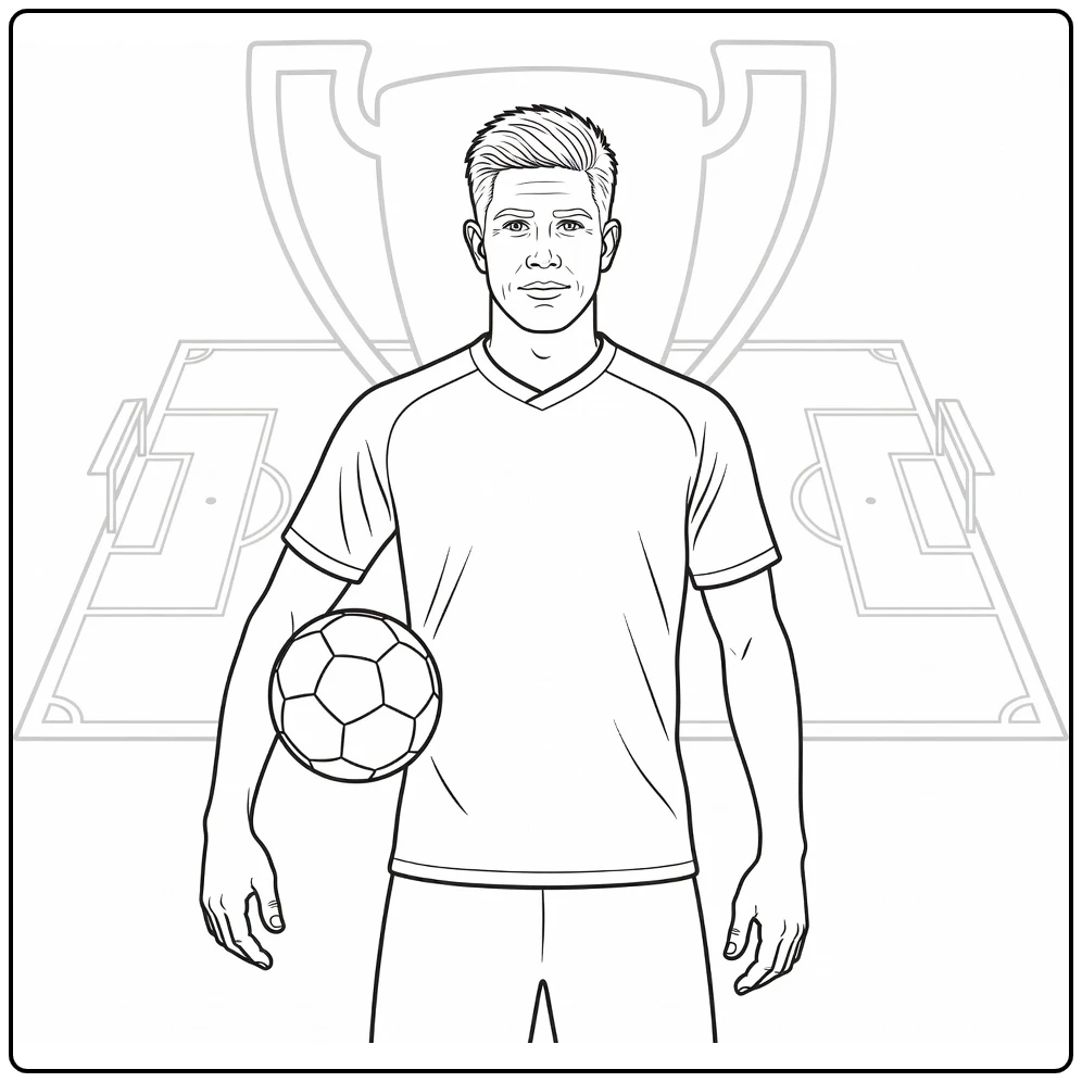 Kevin De Bruyne coloring page posing with a ball before a trophy backdrop
