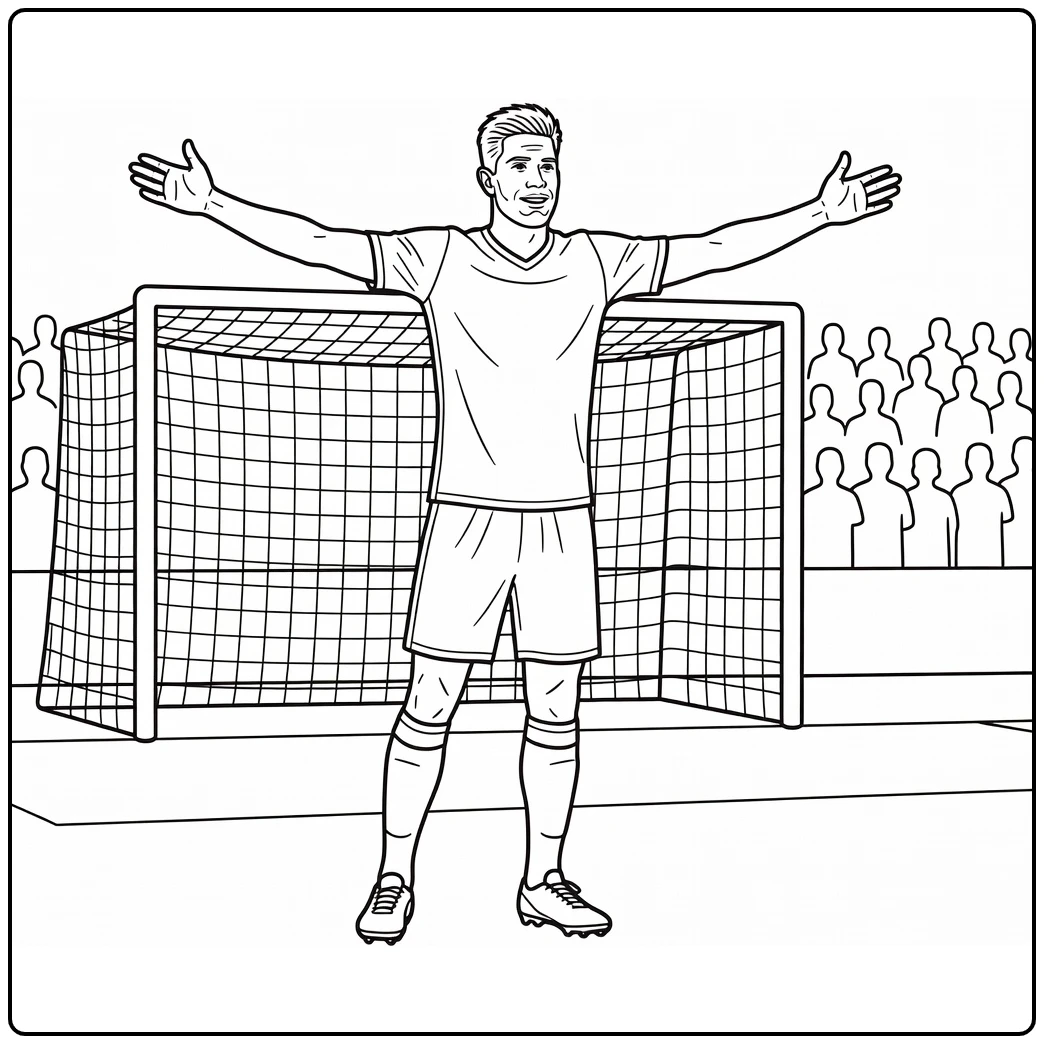 Celebration coloring page of Kevin De Bruyne standing with arms open